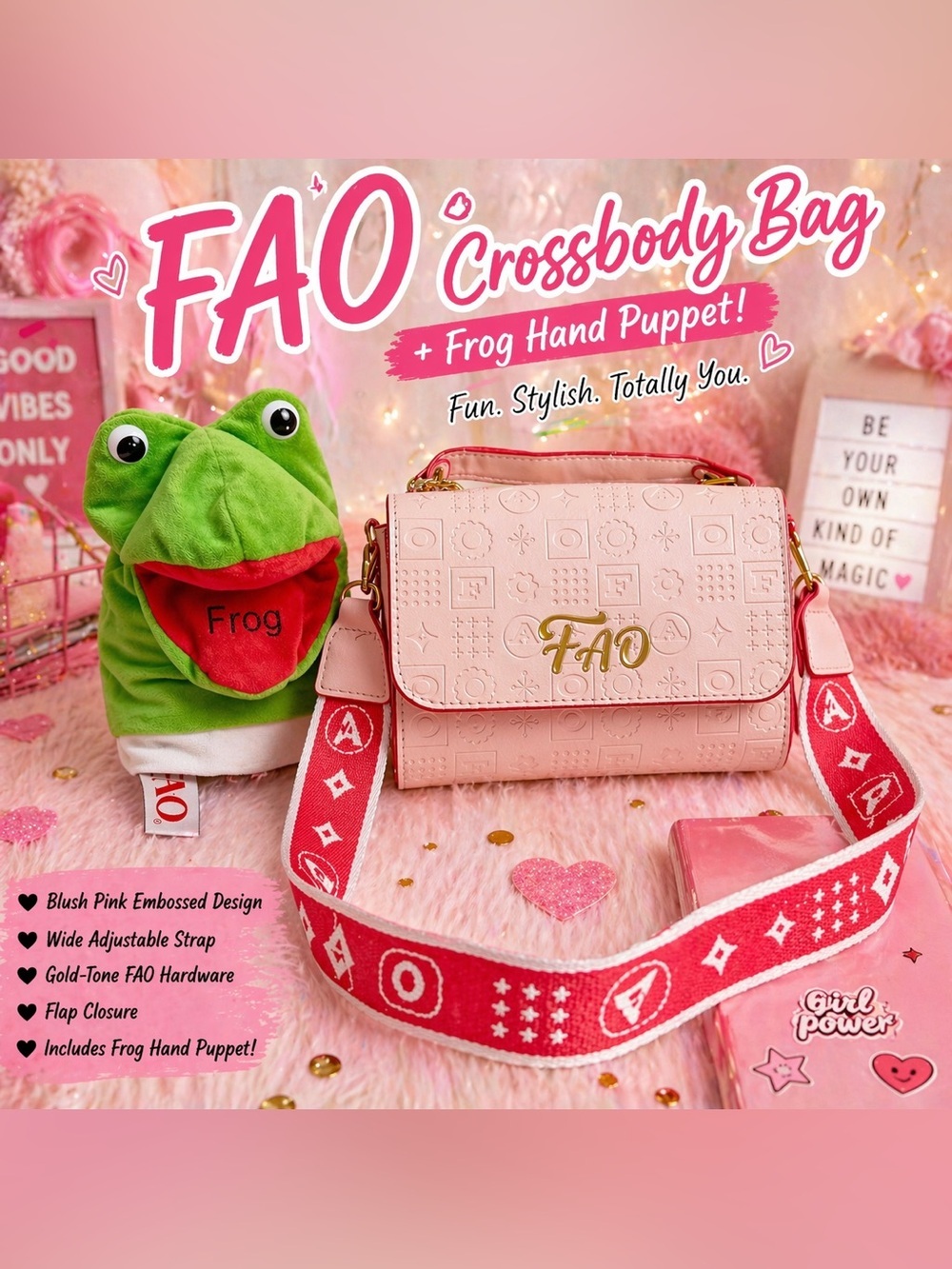 FAO Schwarz Blush Pink Embossed Crossbody Bag Red Strap Frog Hand Puppet